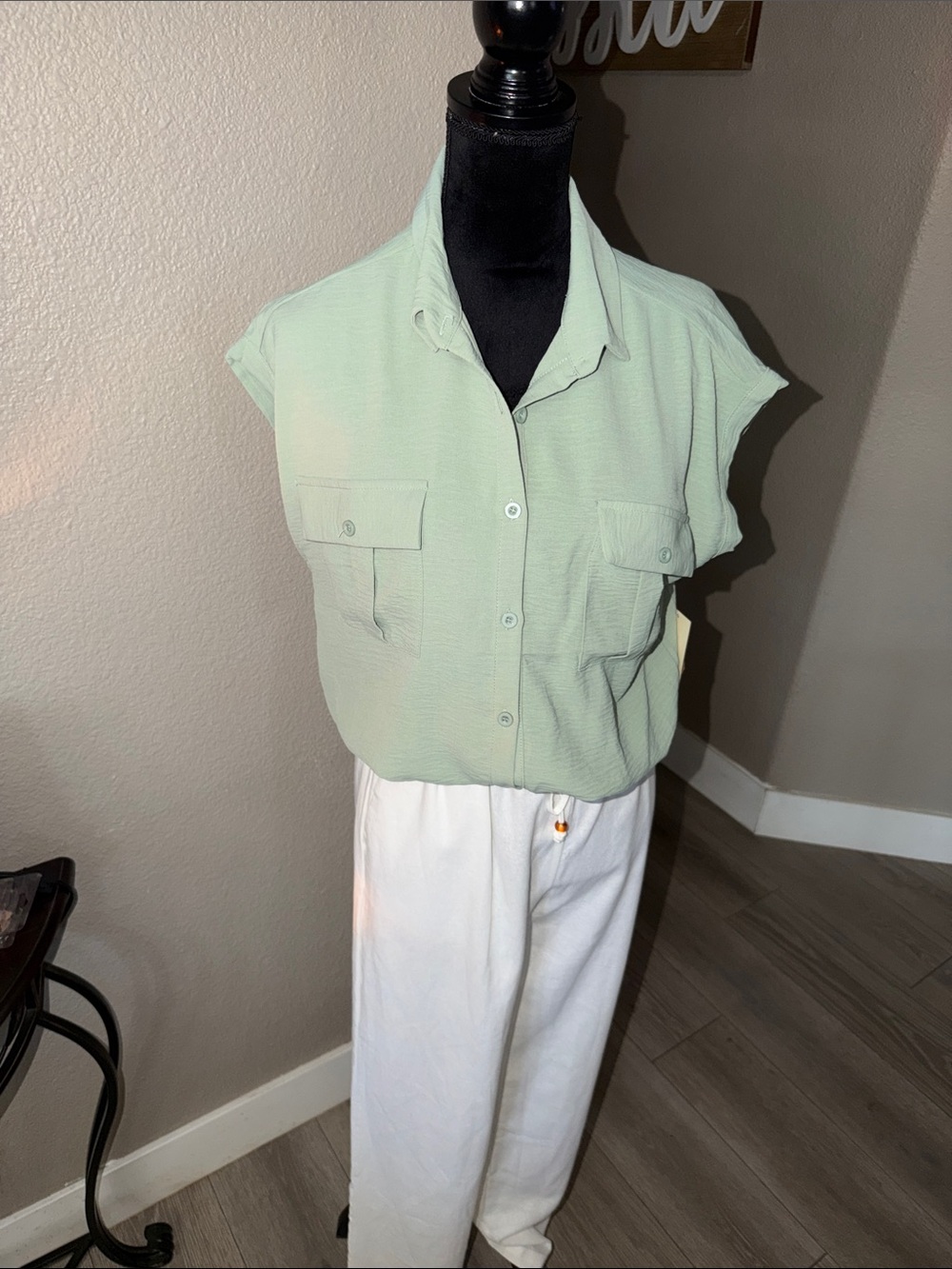 Sleeveless Mint Button-Front Blouse
